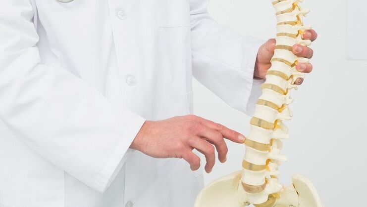 Der Arzt demonstriert den Entstehungsprozess der Osteochondrose.